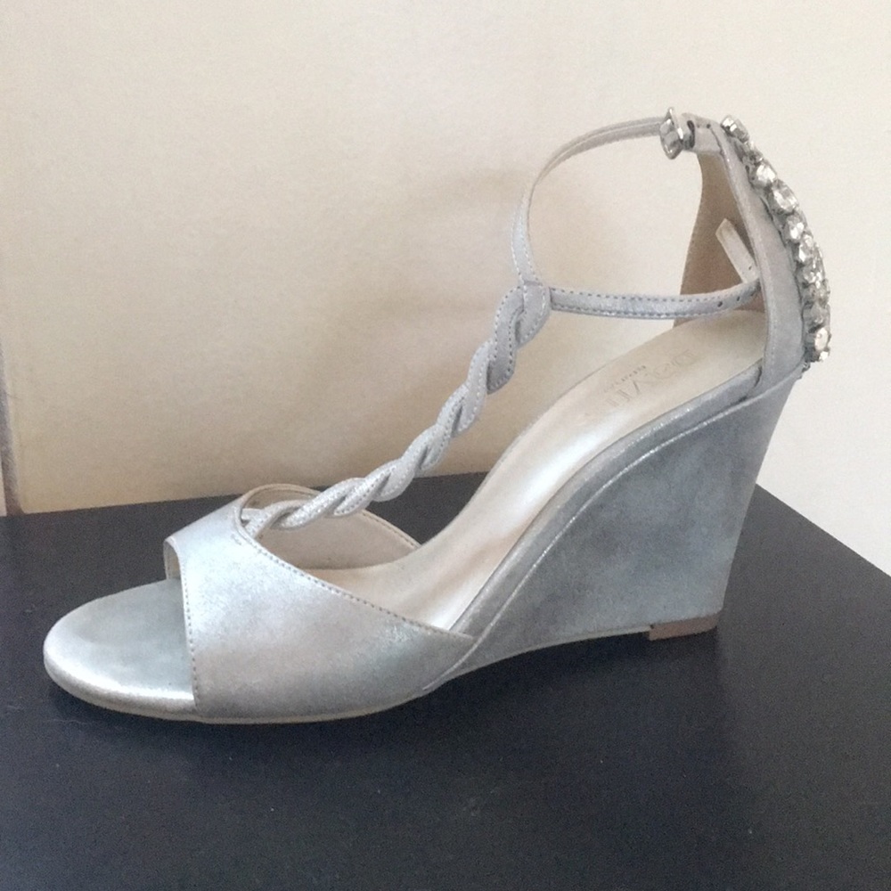 David’s Bridal jewel-back shimmery silver wedges